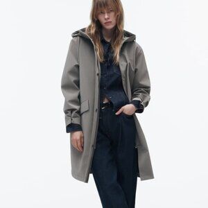 Zara WATER AND WIND PROTECTION RUBBERIZED PARKA hooded khaki pockets XL